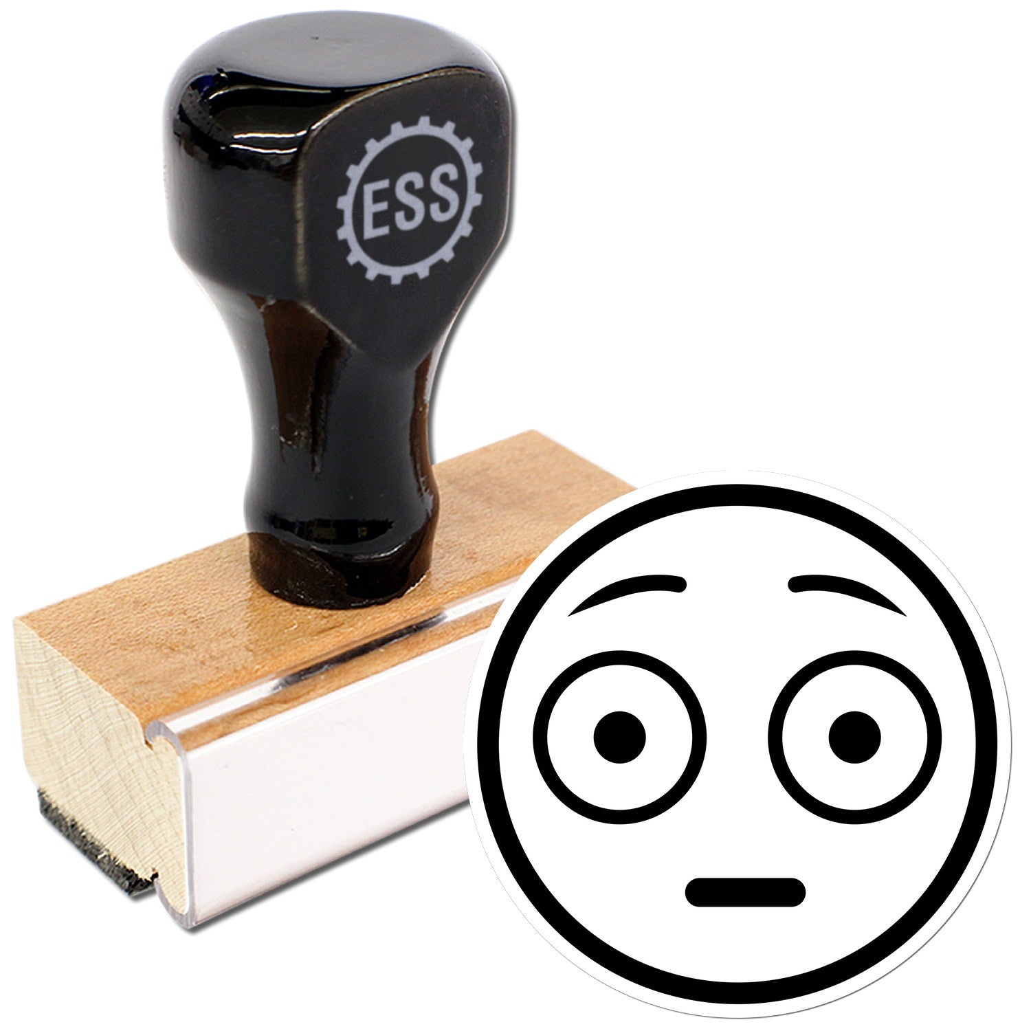 Wood Handle Wide-Eyed Wally Pictogram Rubber Stamp featuring a black handle with ESS logo, mounted on a wooden base, and a wide-eyed face design. Perfect for crafting and personalization.