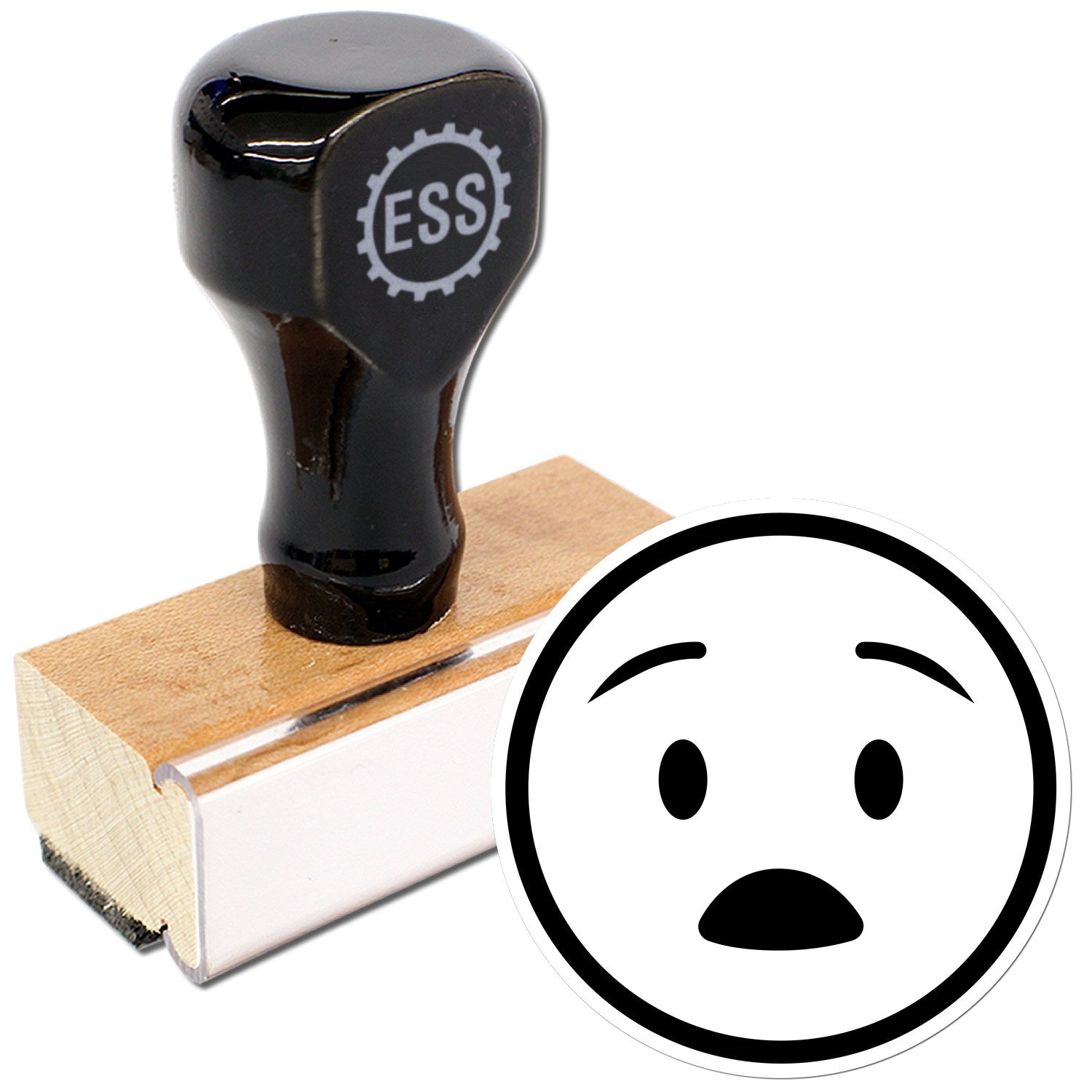 Wood Handle Wide-Eyed Wonder Reaction Rubber Stamp featuring a black handle with ESS logo, mounted on a wooden base, and a wide-eyed surprised face design. Perfect for creative stamping.