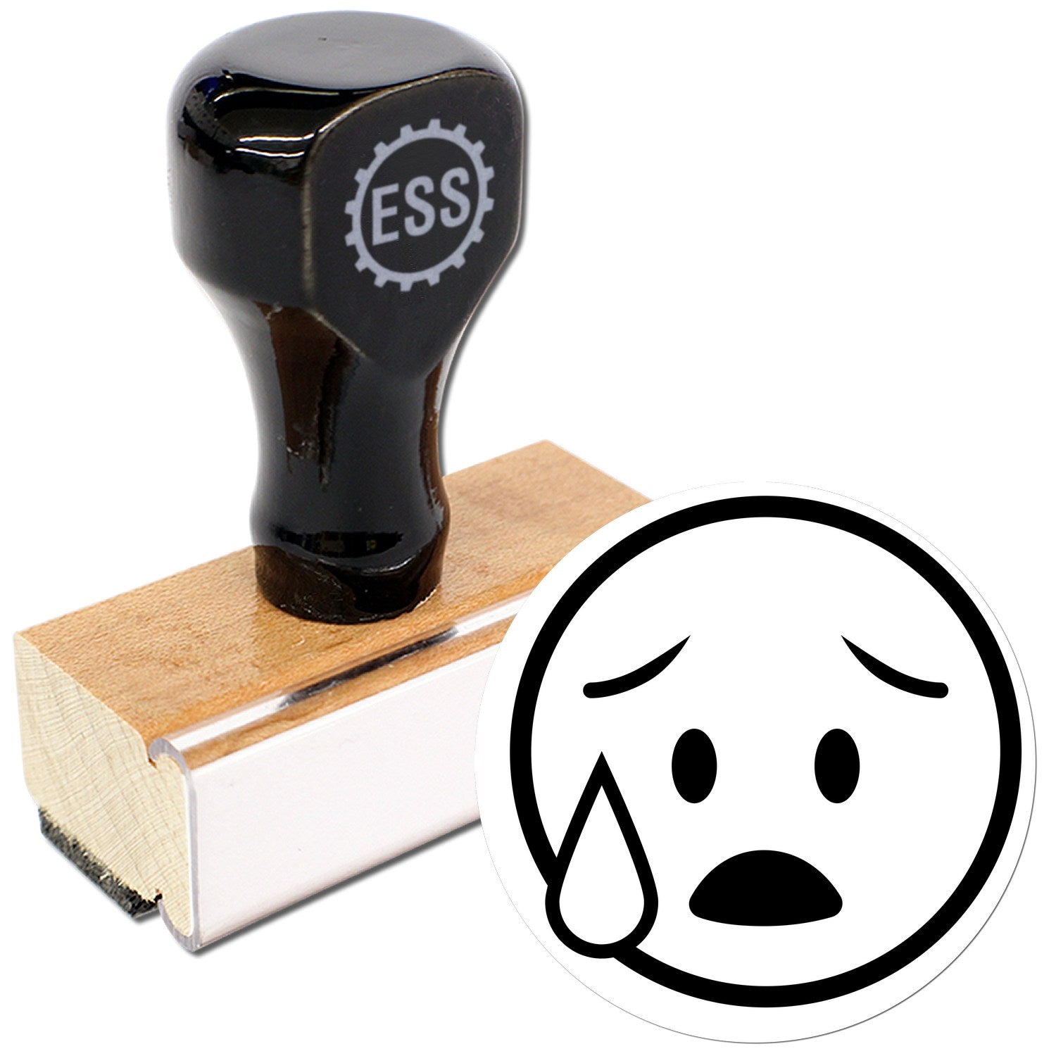 Wood Handle Tearful Timmy Facial Expressions Rubber Stamp featuring a black handle and wooden base, with a tearful face design. Perfect for adding expressive details to your projects.