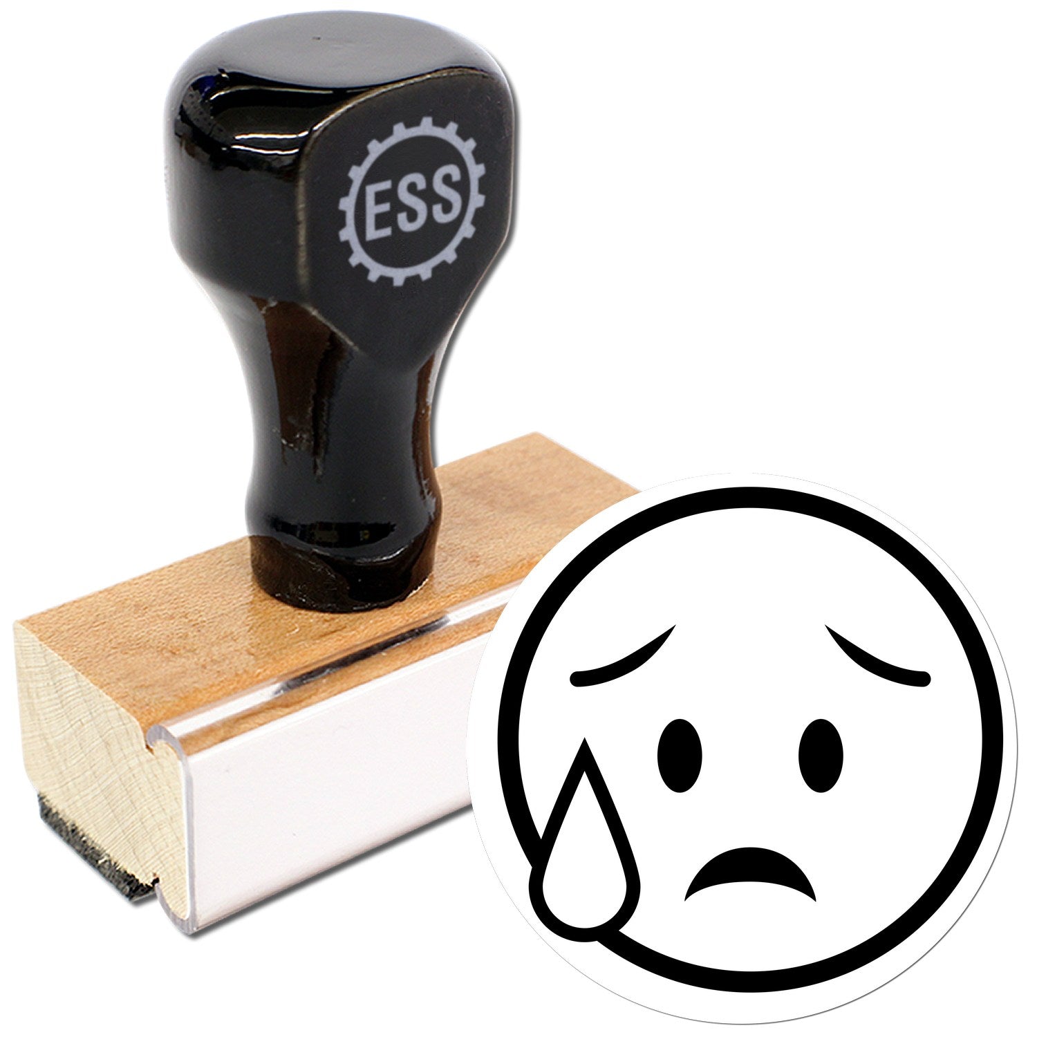 Wood Handle Weepy Wanda Emojicons Rubber Stamp featuring a black handle with ESS logo, wooden base, and a crying emoji design. Perfect for adding expressive details to your projects.