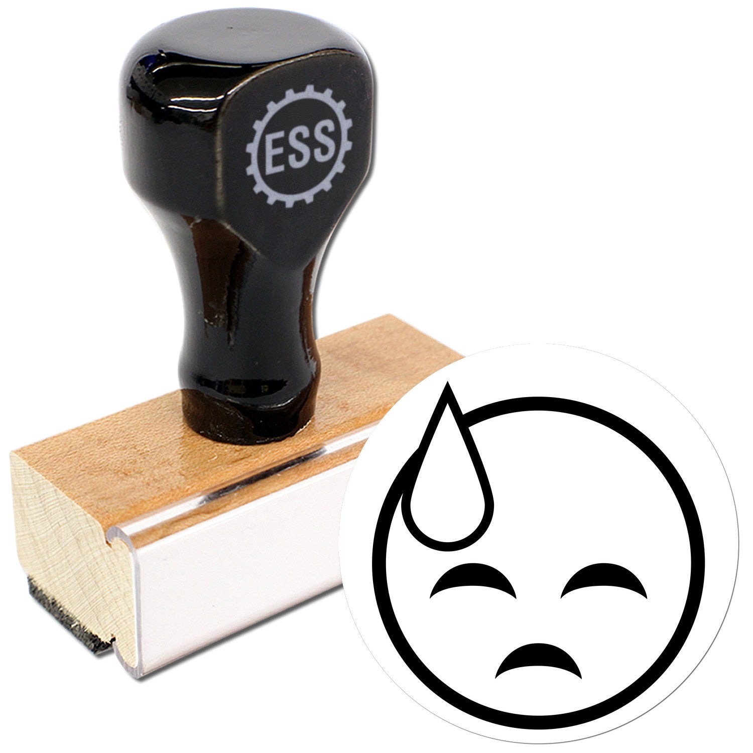 Wood Handle Sweaty Sadface Emoji Rubber Stamp featuring a black handle and wooden base, with a sad face emoji design. Perfect for adding expressive details to your projects.