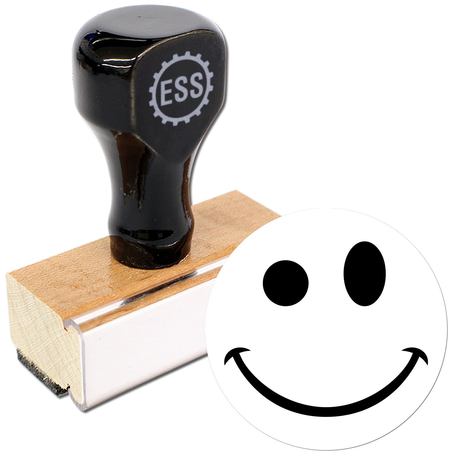 Wood Handle Mischievous Grin Emoji Rubber Stamp with a sleek black top and sturdy wooden base, perfect for adding a playful touch to crafts and stationery.