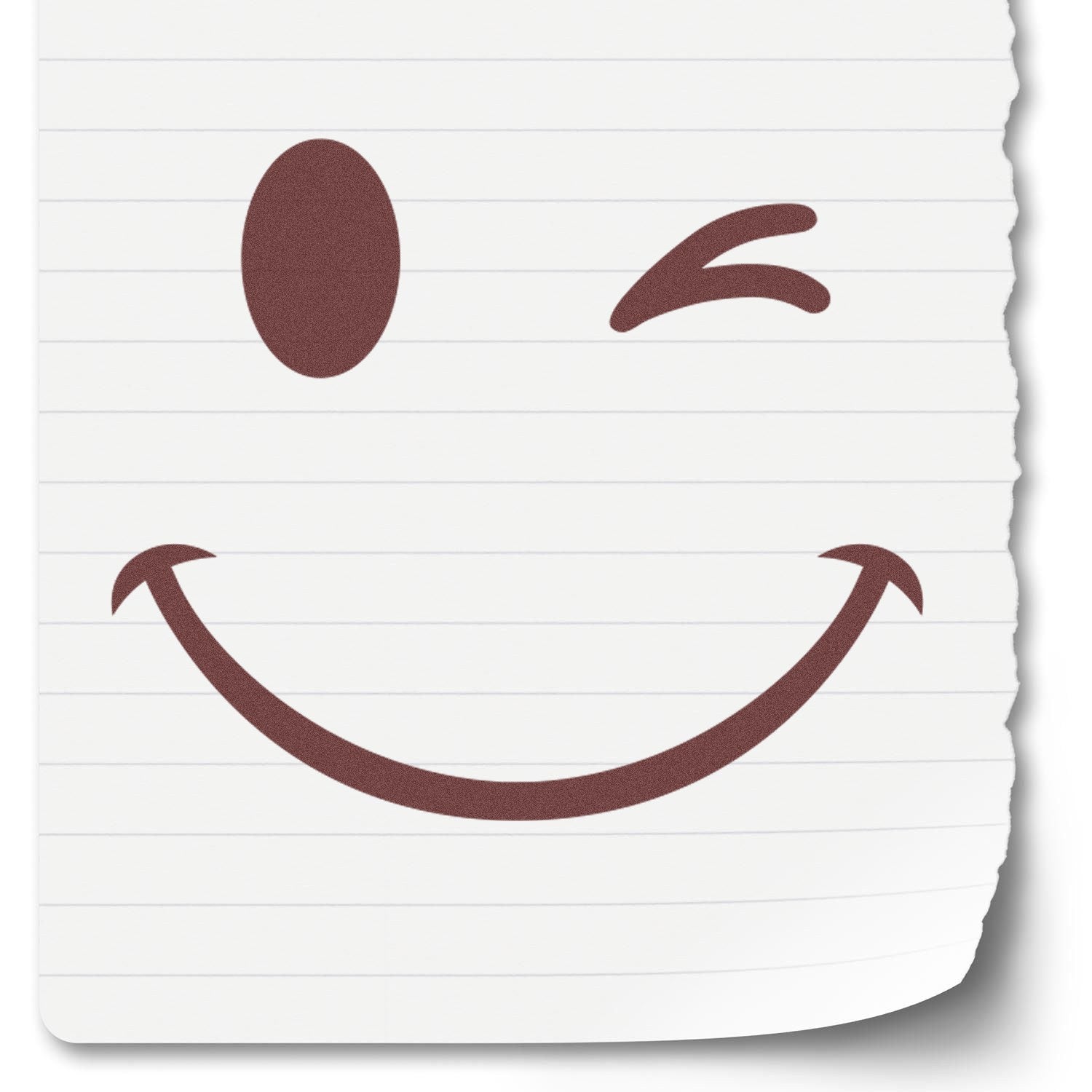 Wood Handle Winky Smiley Emoji Rubber Stamp on lined paper, showcasing a playful winking smiley face design. Perfect for adding a fun touch to crafts and stationery.