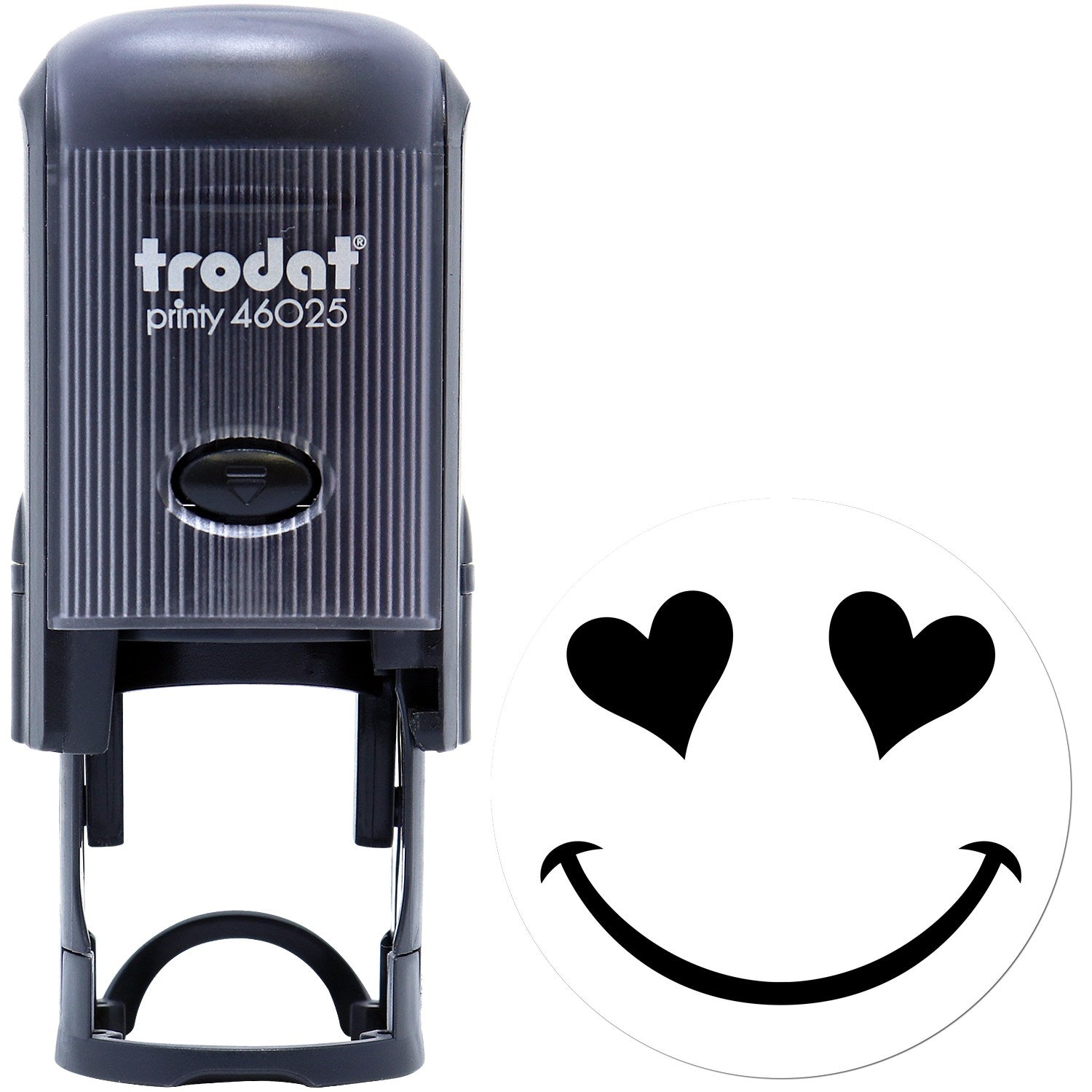 Self-Inking Heart Eyes Delight Emoticon Stamp with black casing and heart eyes smiley design. Perfect for adding a fun touch to documents and crafts.