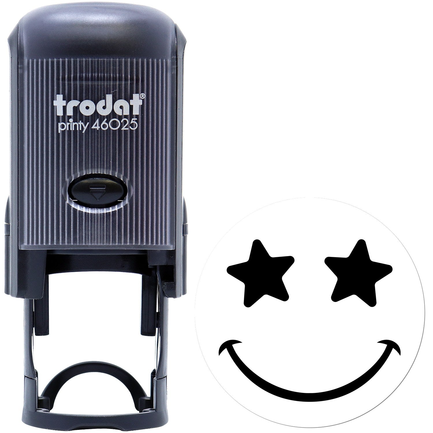 Self-Inking Starstruck Smile Smiley Stamp featuring a black casing with a star-eyed smiley face design. Perfect for adding fun, expressive stamps to your projects.