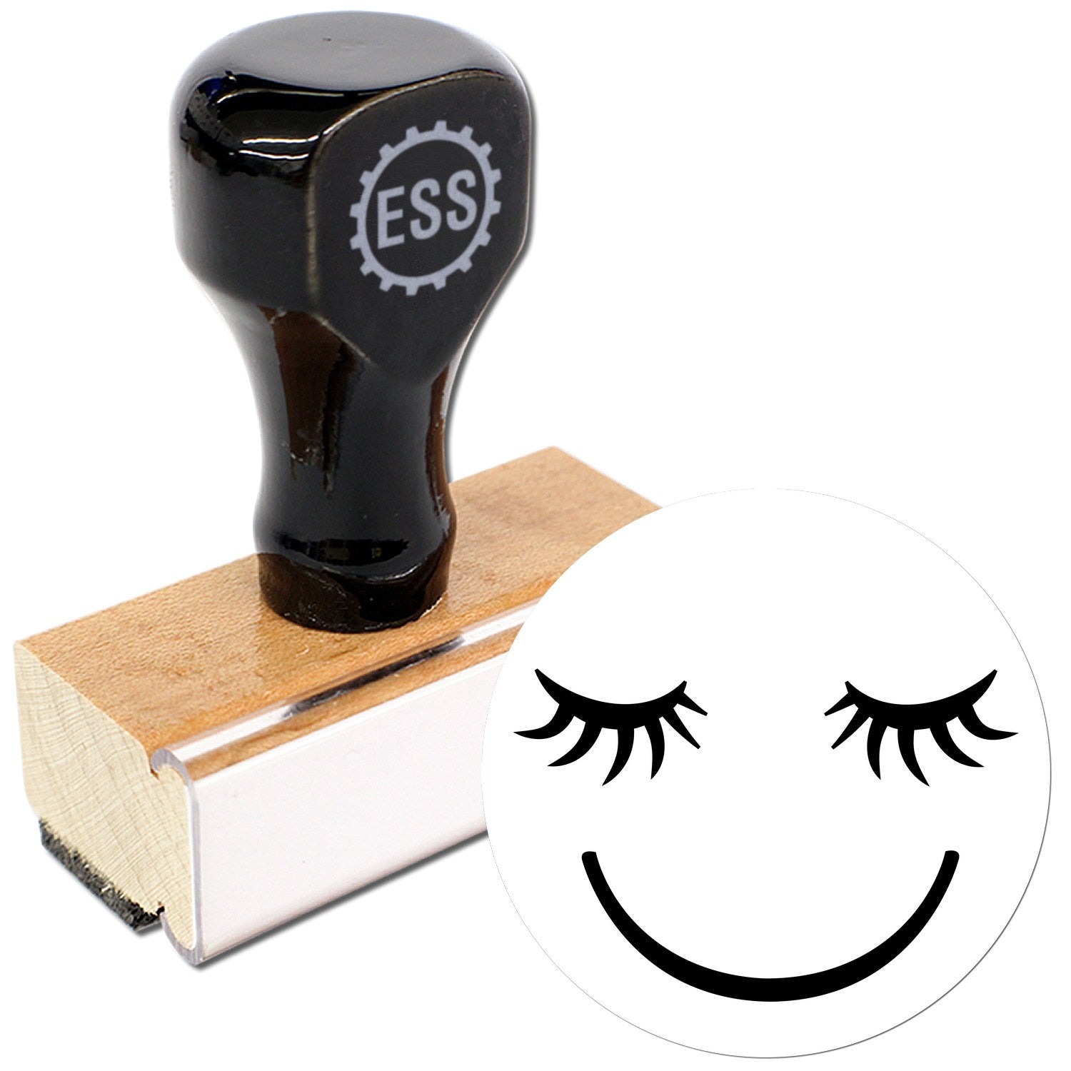 Wood Handle Dreamy Delight Pictogram Rubber Stamp featuring a black handle and wooden base, with a smiling face and closed eyes design. Perfect for crafting and personalizing projects.