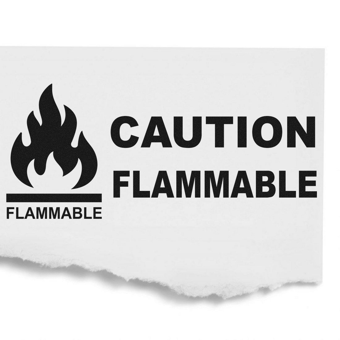 Slim Pre-Inked Caution Flammable Stamp with bold black text and flame icon on a white background, ideal for safety labeling and warnings.