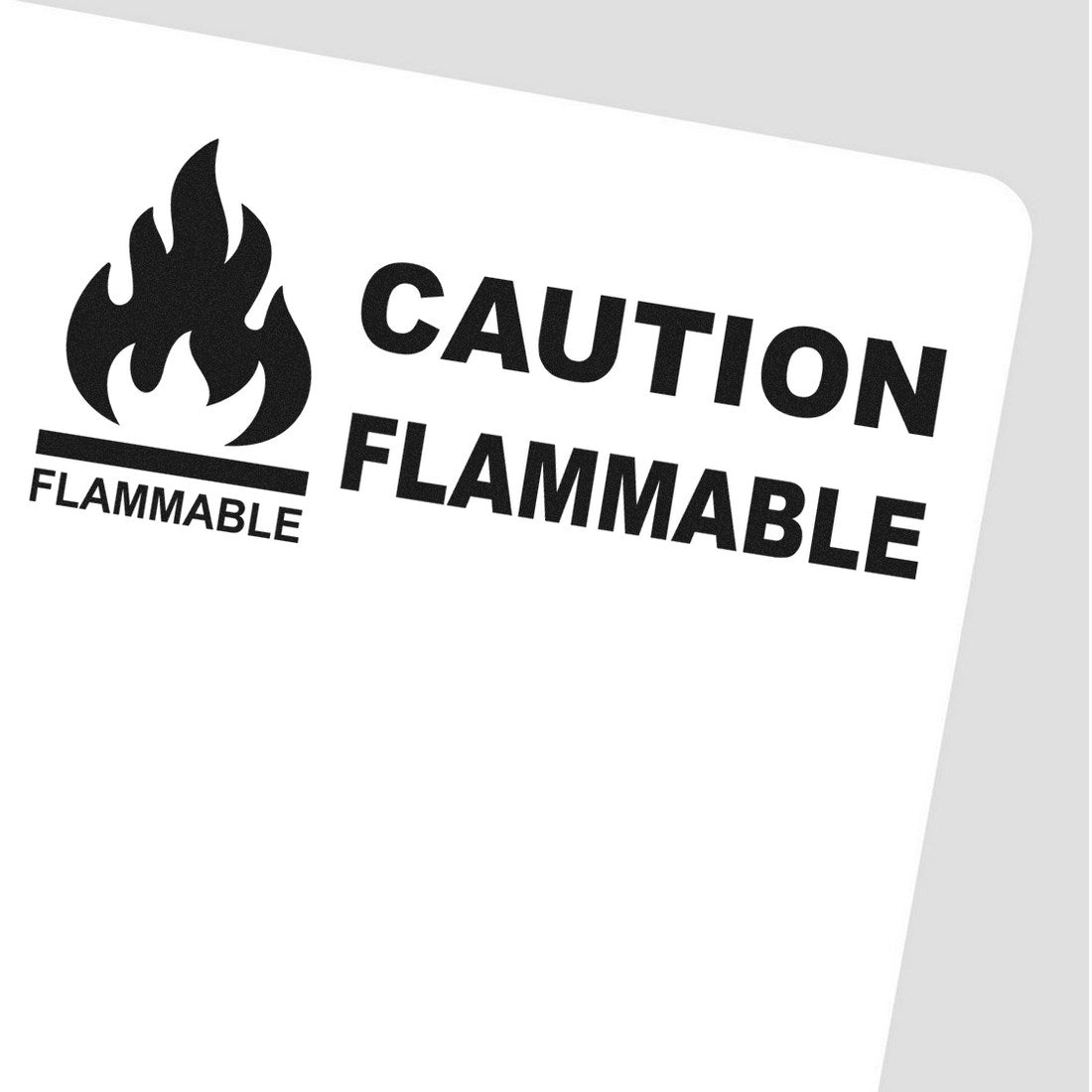 Maxlight Premium Caution Flammable Stamp with bold black text and flame icon on a white background, highlighting safety warnings for flammable materials.