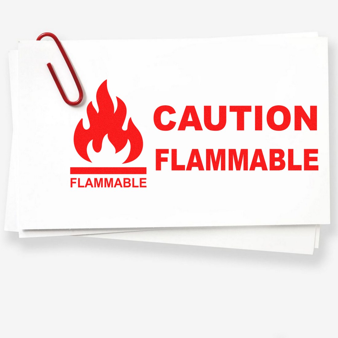 Self-Inking Caution Flammable Stamp with bold red text and flame icon on white background, ideal for safety labeling and warnings.