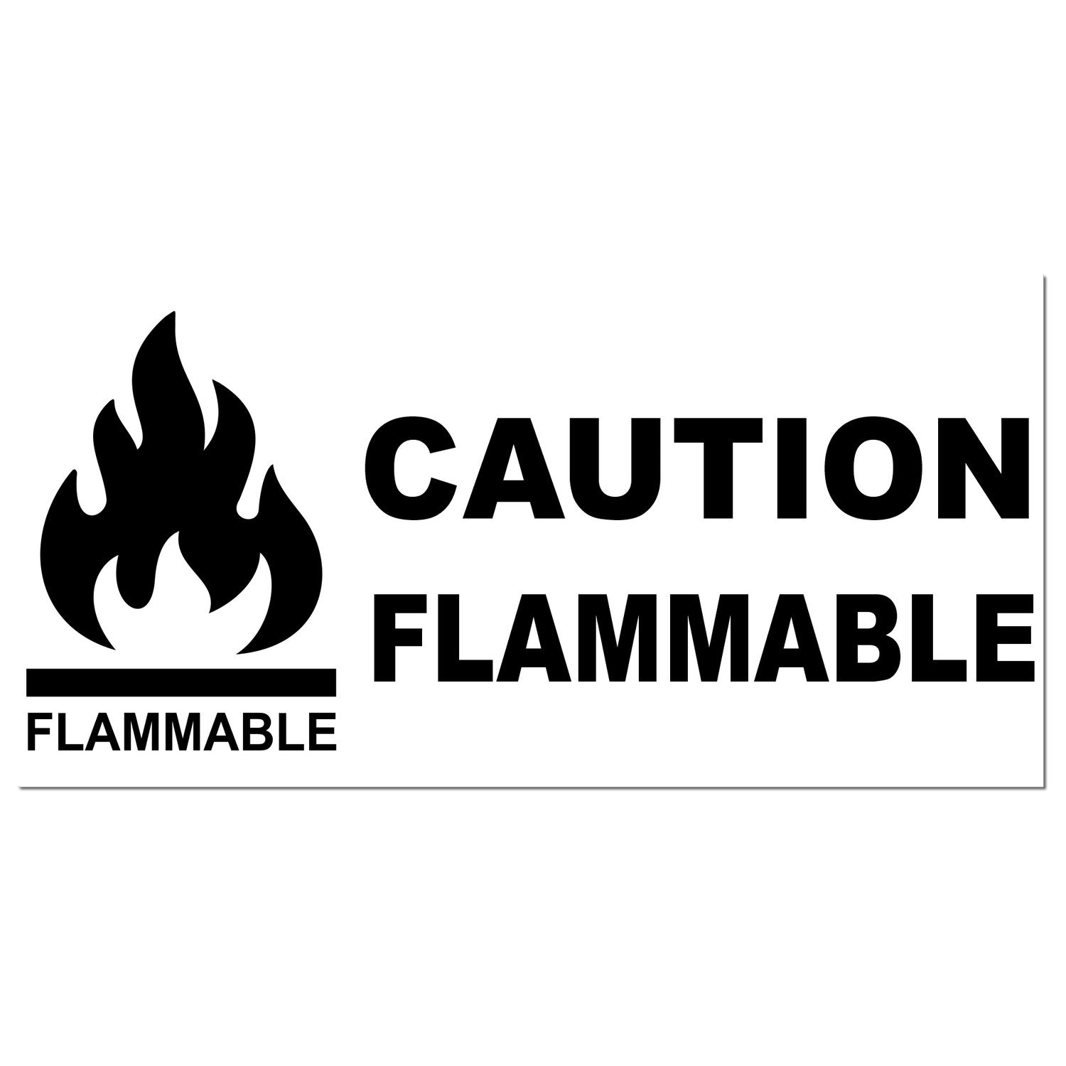 Maxlight Premium Caution Flammable Stamp featuring bold black text and flame icon on a white background, indicating flammable materials. Ideal for safety labeling.