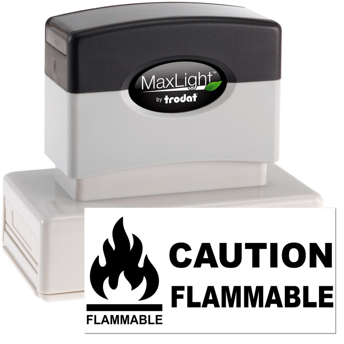 Maxlight Premium Caution Flammable Stamp with black and white design, featuring a flame icon and bold text. Ideal for safety labeling and warnings.