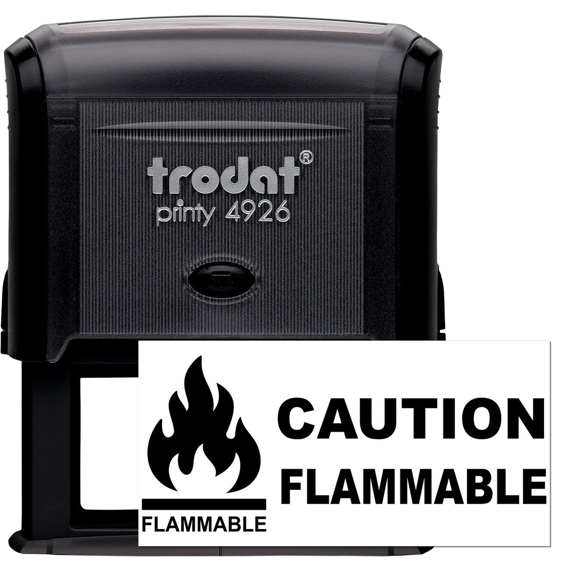 Self-Inking Caution Flammable Stamp with black casing and bold Caution Flammable text alongside a flame icon, ideal for safety labeling.