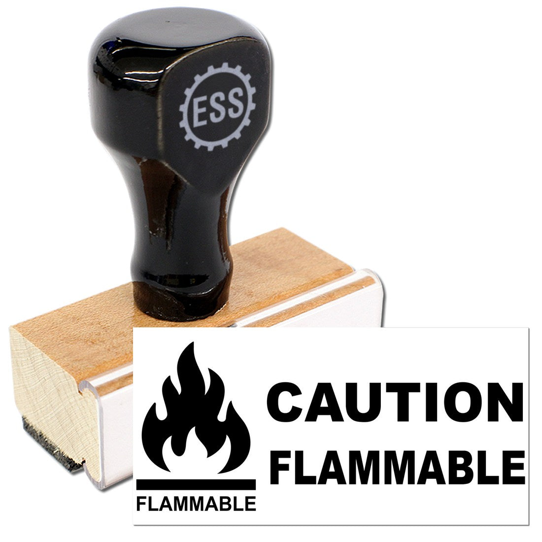 Wood Handle Caution Flammable Rubber Stamp with black top and wooden base, featuring a flame icon and bold text. Ideal for safety labeling and warnings.