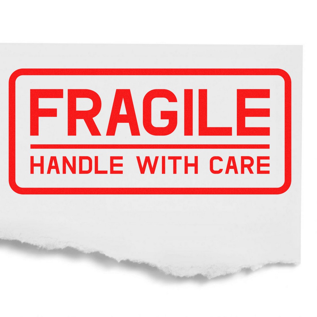 Wood Handle Fragile Handle With Care Shipping Rubber Stamp with bold red text on white paper, emphasizing careful handling for packages.