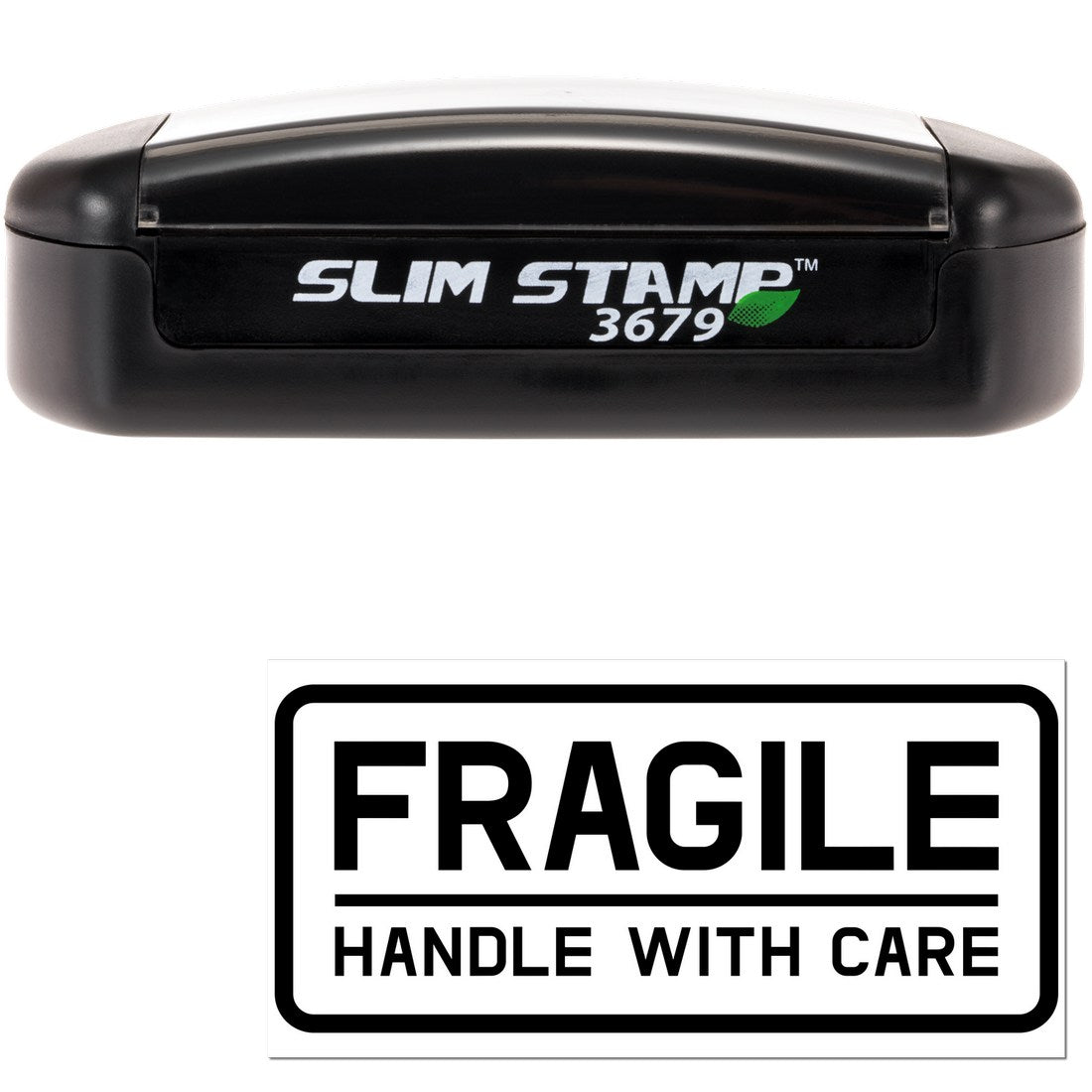 Image of a Slim Pre-Inked Fragile Handle With Care Shipping Stamp, featuring a sleek black design with FRAGILE HANDLE WITH CARE text for easy package labeling.