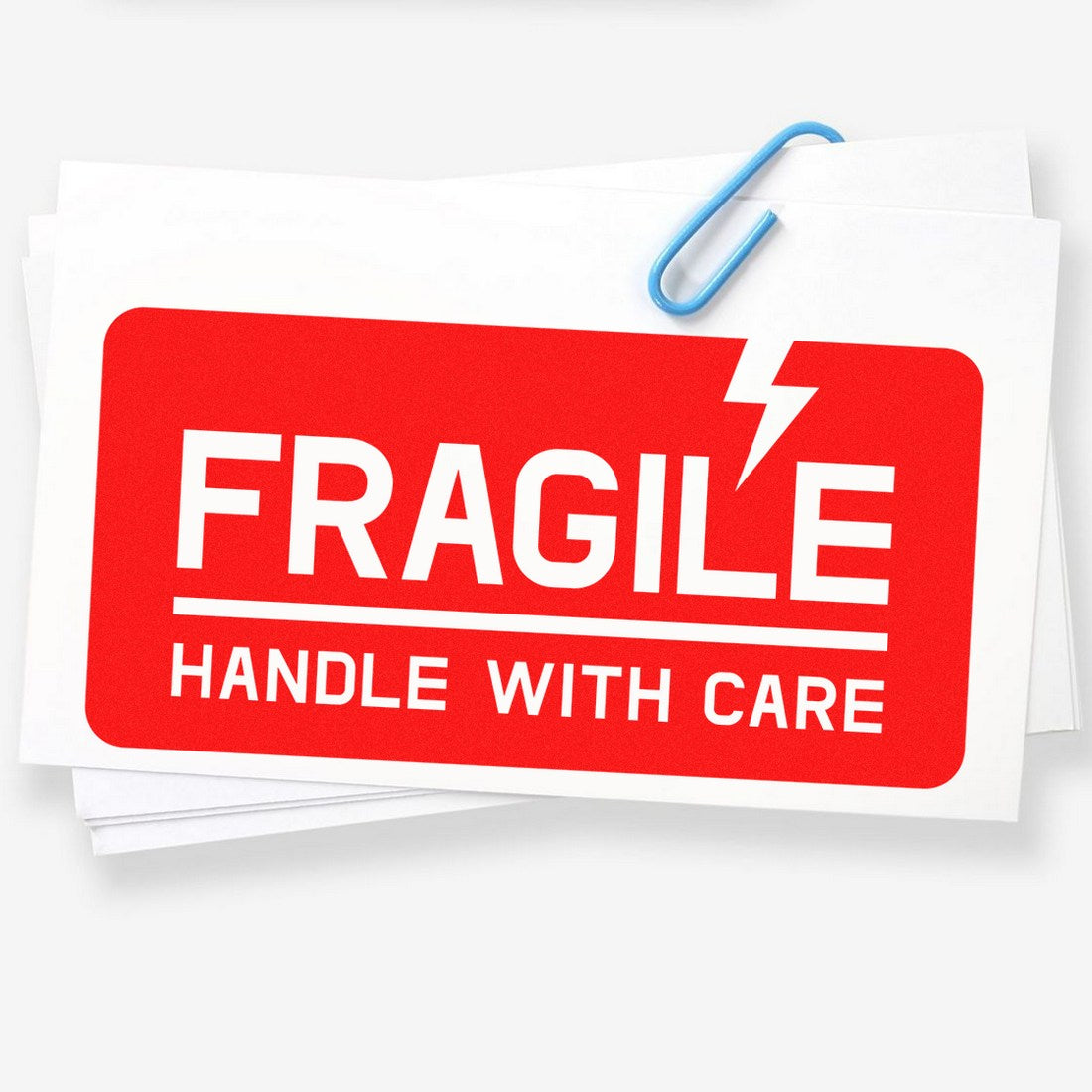 Wood Handle Lightning Fragile Rubber Stamp with bold red 'Fragile Handle with Care' design, featuring a lightning bolt symbol, perfect for marking packages.