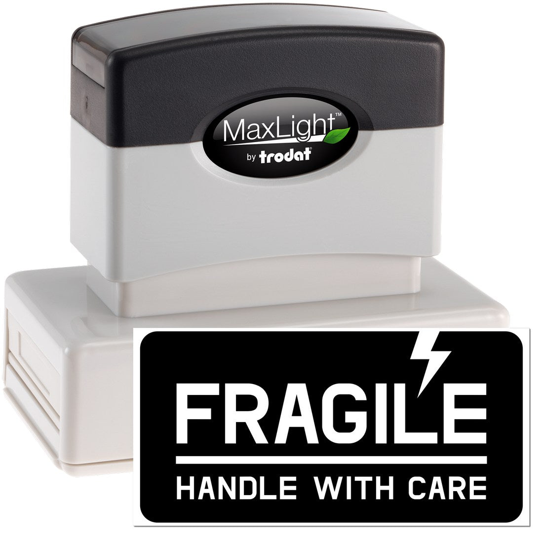 Maxlight Premium Lightning Fragile Stamp with black and white design, featuring 'FRAGILE HANDLE WITH CARE' text and lightning symbol. Ideal for marking packages.