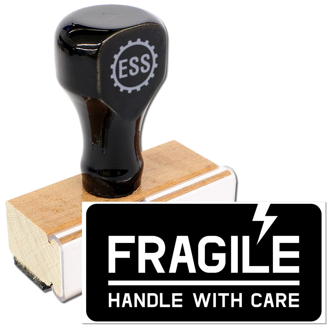 Wood Handle Lightning Fragile Rubber Stamp with black top and wooden base, featuring 'FRAGILE HANDLE WITH CARE' design. Ideal for marking packages.