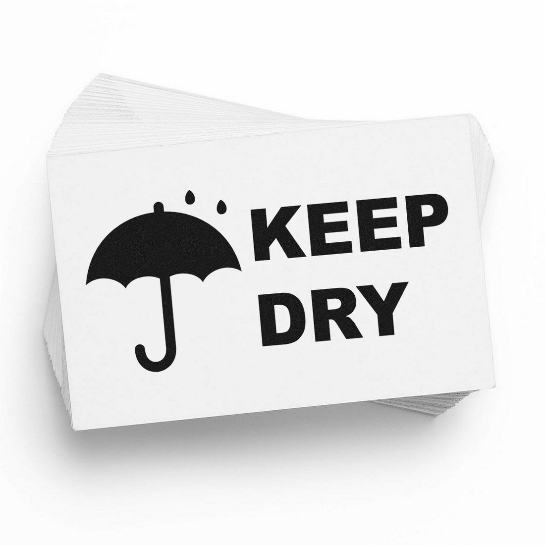 Image of the Slim Pre-Inked Keep Dry with Umbrella Stamp, featuring a black umbrella icon and bold KEEP DRY text on a white background, ideal for packaging and shipping use.