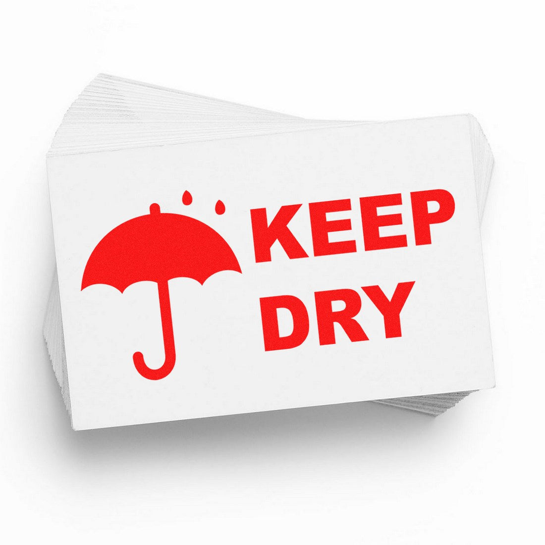 Self-Inking Keep Dry with Umbrella Stamp in red ink on white paper, featuring a red umbrella icon and bold KEEP DRY text, ideal for packaging and shipping needs.