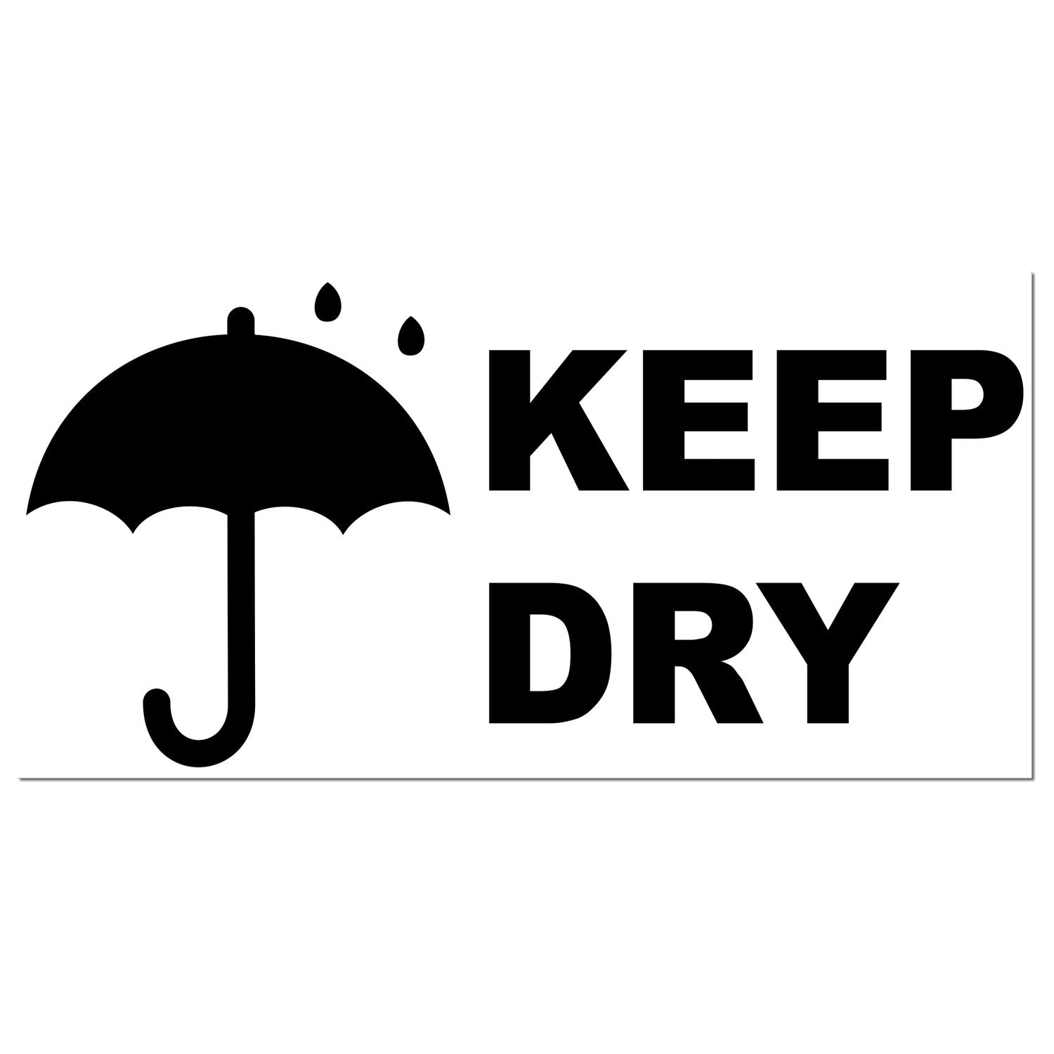 Wood Handle Keep Dry with Umbrella Rubber Stamp featuring a black umbrella icon with raindrops and bold KEEP DRY text, ideal for packaging and shipping.