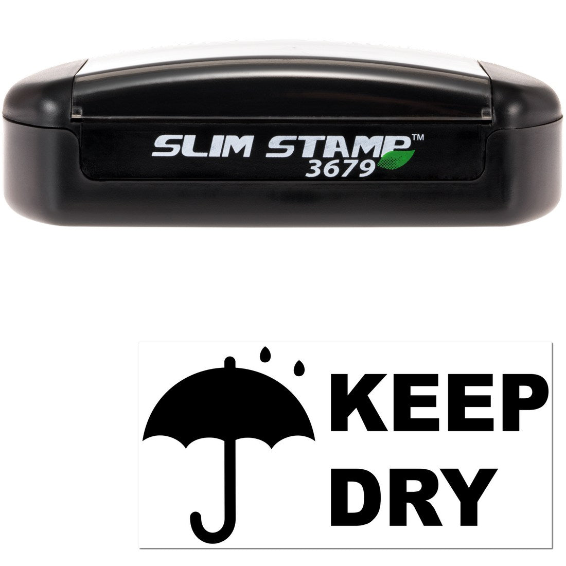 Slim Pre-Inked Keep Dry with Umbrella Stamp featuring a sleek black design and a 'Keep Dry' message with an umbrella icon, ideal for marking packages and documents.