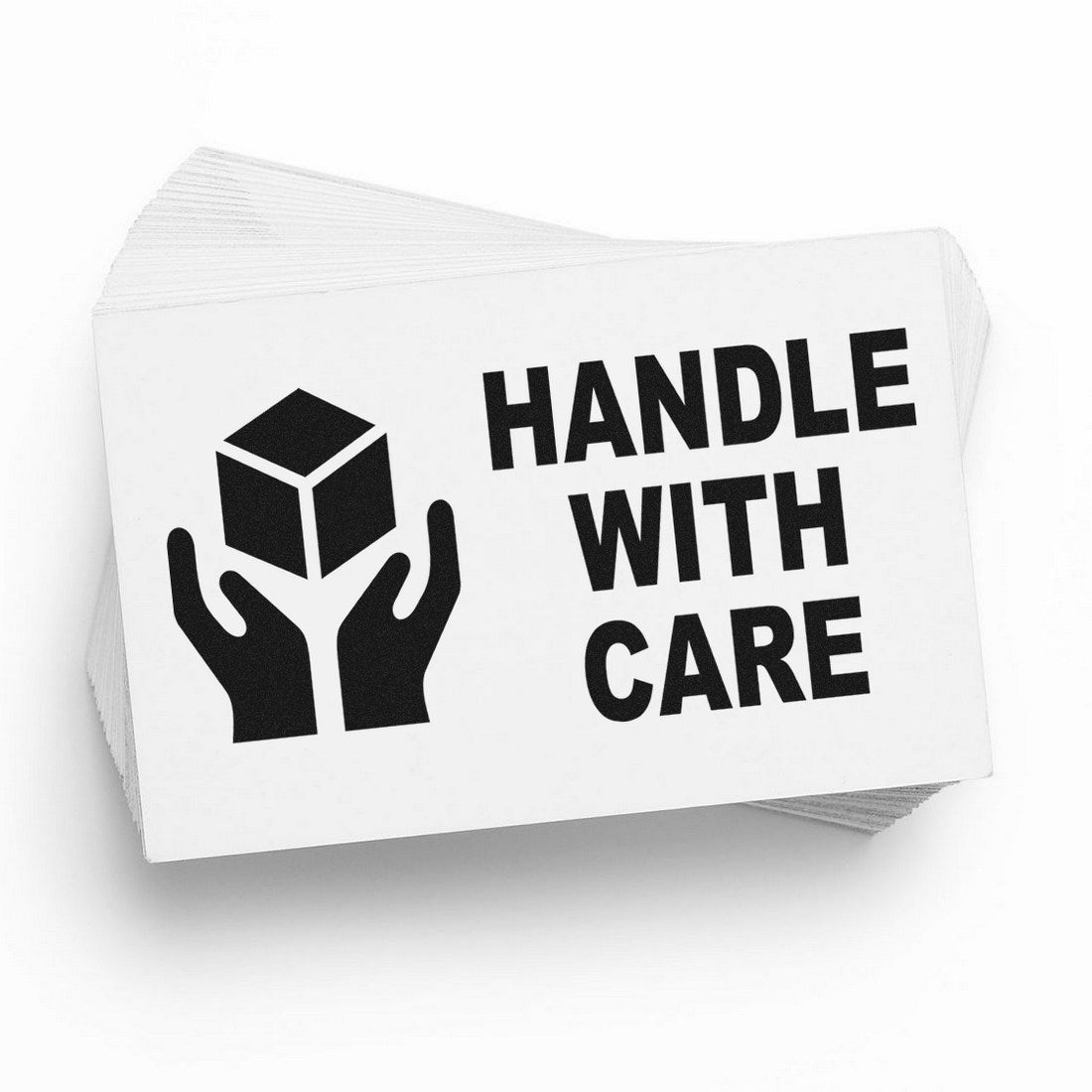 Image of a Slim Pre-Inked Handle With Care Stamp featuring a compact design, black ink, and a clear Handle With Care message with hands holding a box icon, ideal for packaging needs.