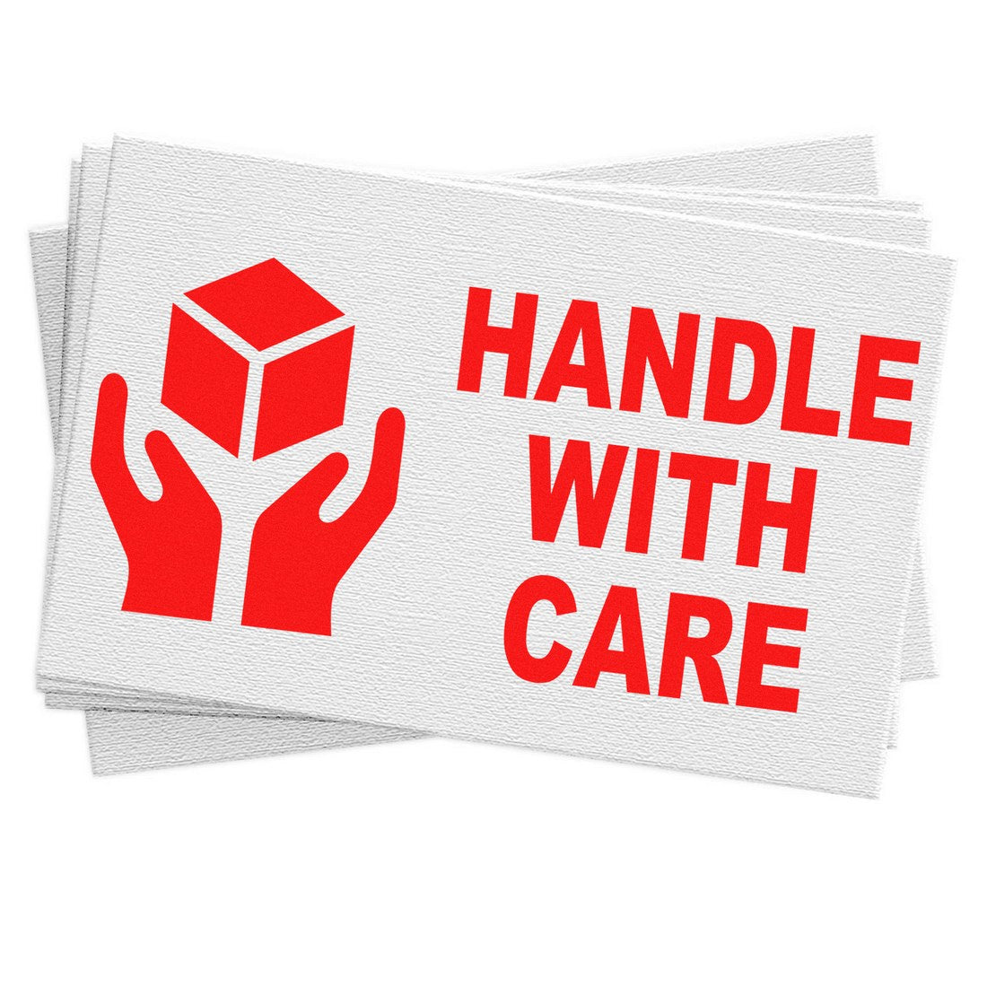 Wood Handle Handle With Care Rubber Stamp featuring a wooden handle and red Handle With Care text with a package icon, ideal for marking fragile shipments.