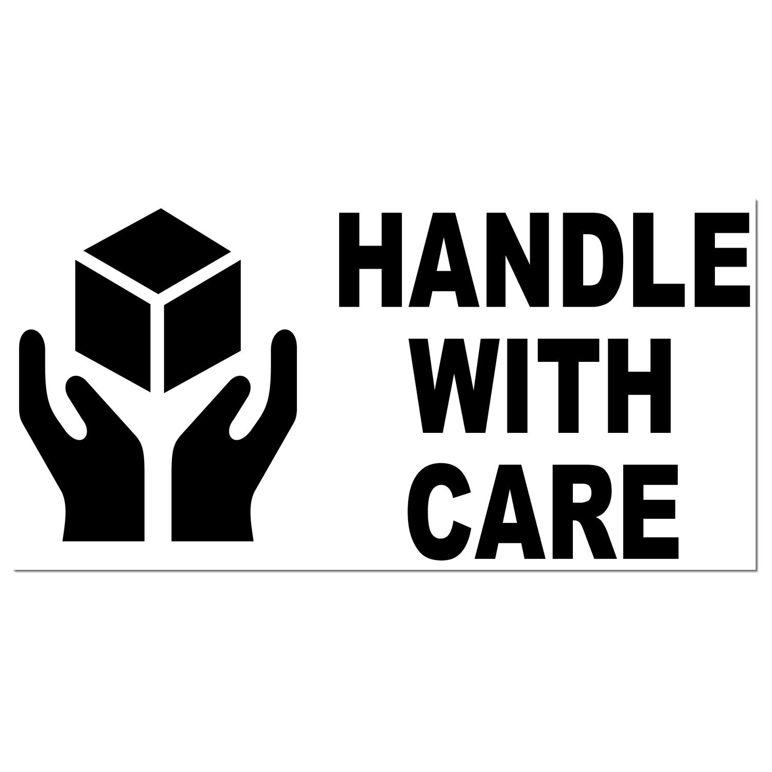 Wood Handle Handle With Care Rubber Stamp featuring a wooden handle and a black imprint of hands holding a box with the text HANDLE WITH CARE. Ideal for packaging and shipping needs.