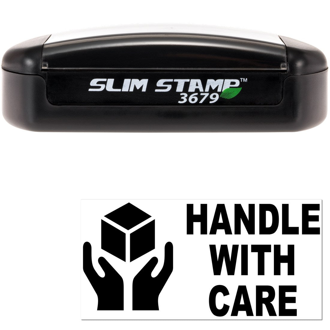 Slim Pre-Inked Handle With Care Stamp featuring a compact black design with 'SLIM STAMP 3679' branding, and a 'Handle With Care' imprint showing hands holding a box.