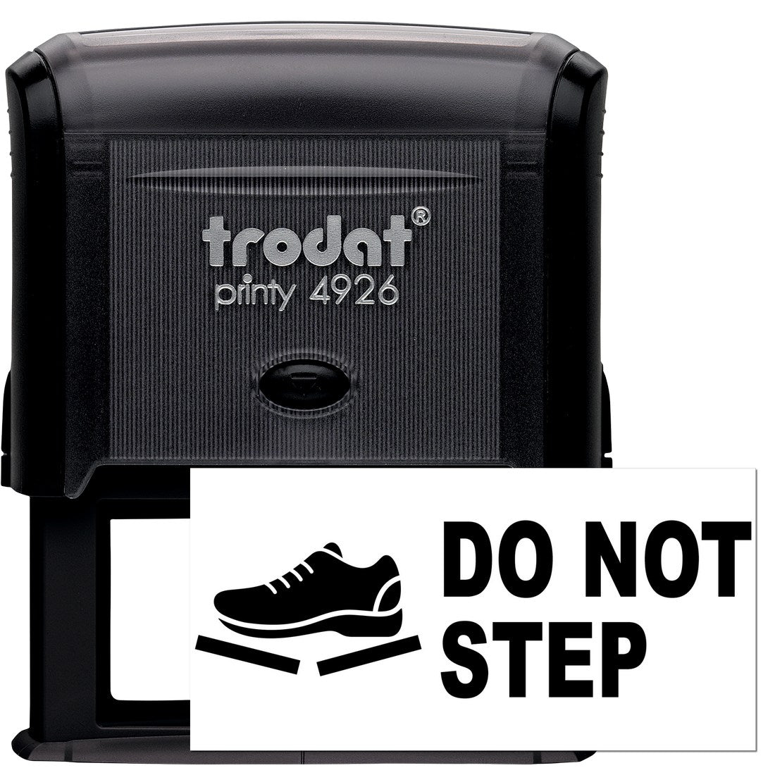 Self-Inking Handle With Care Do Not Step Stamp, featuring a black casing and a clear imprint of a shoe with Do Not Step text, ideal for marking packages and fragile items.