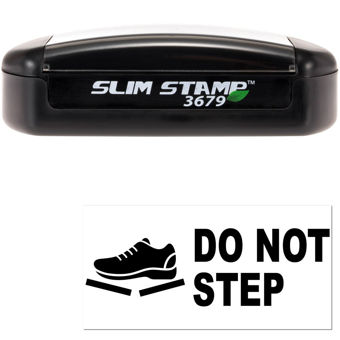 Slim Pre-Inked Handle With Care Do Not Step Stamp, black casing, compact design, features a shoe icon with Do Not Step text, ideal for marking fragile packages.