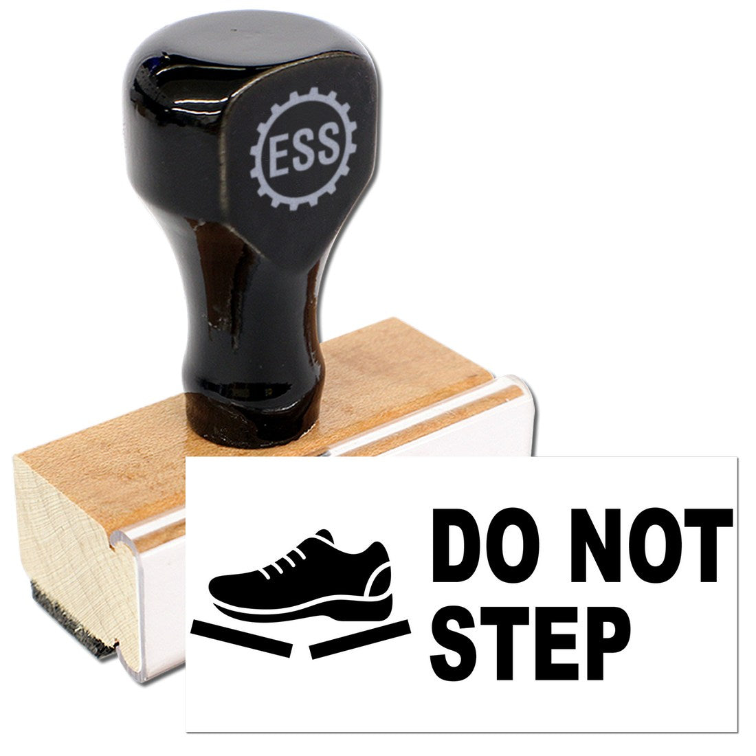 Wood Handle Handle With Care Do Not Step Rubber Stamp featuring a black top with ESS logo and a wooden base, designed for marking surfaces with a Do Not Step warning.