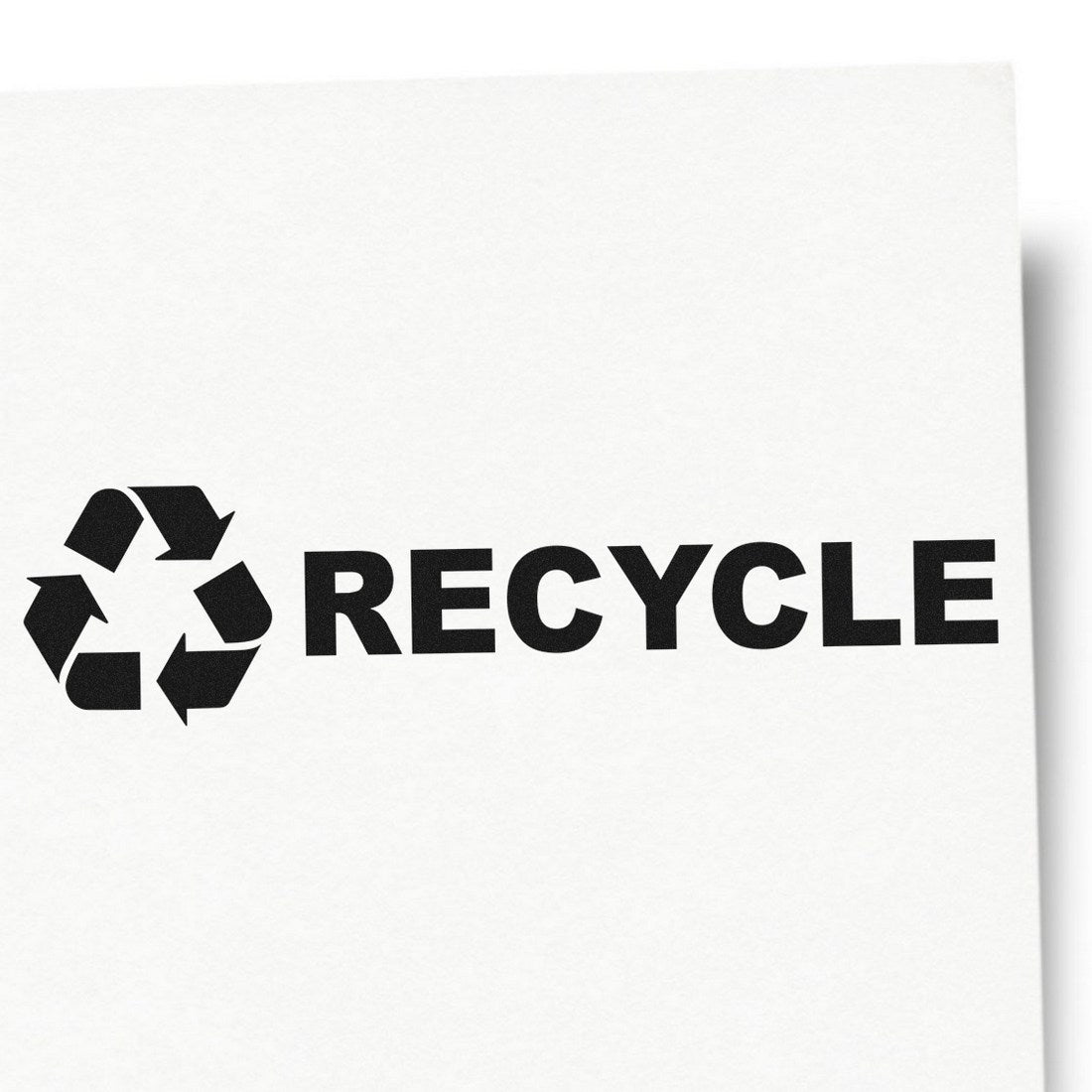 Wood Handle Recycle Symbol Rubber Stamp imprint on white paper, featuring a bold black recycle symbol and the word 'RECYCLE' in capital letters.