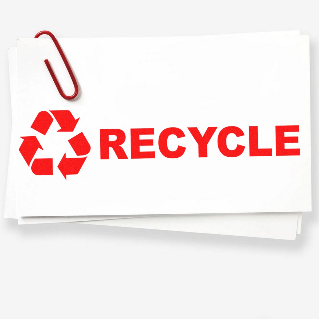 Image of Maxlight Premium Recycle Symbol Stamp featuring a bold red recycle symbol and the word RECYCLE on white paper, secured with a red paperclip. Perfect for eco-friendly stamping needs.