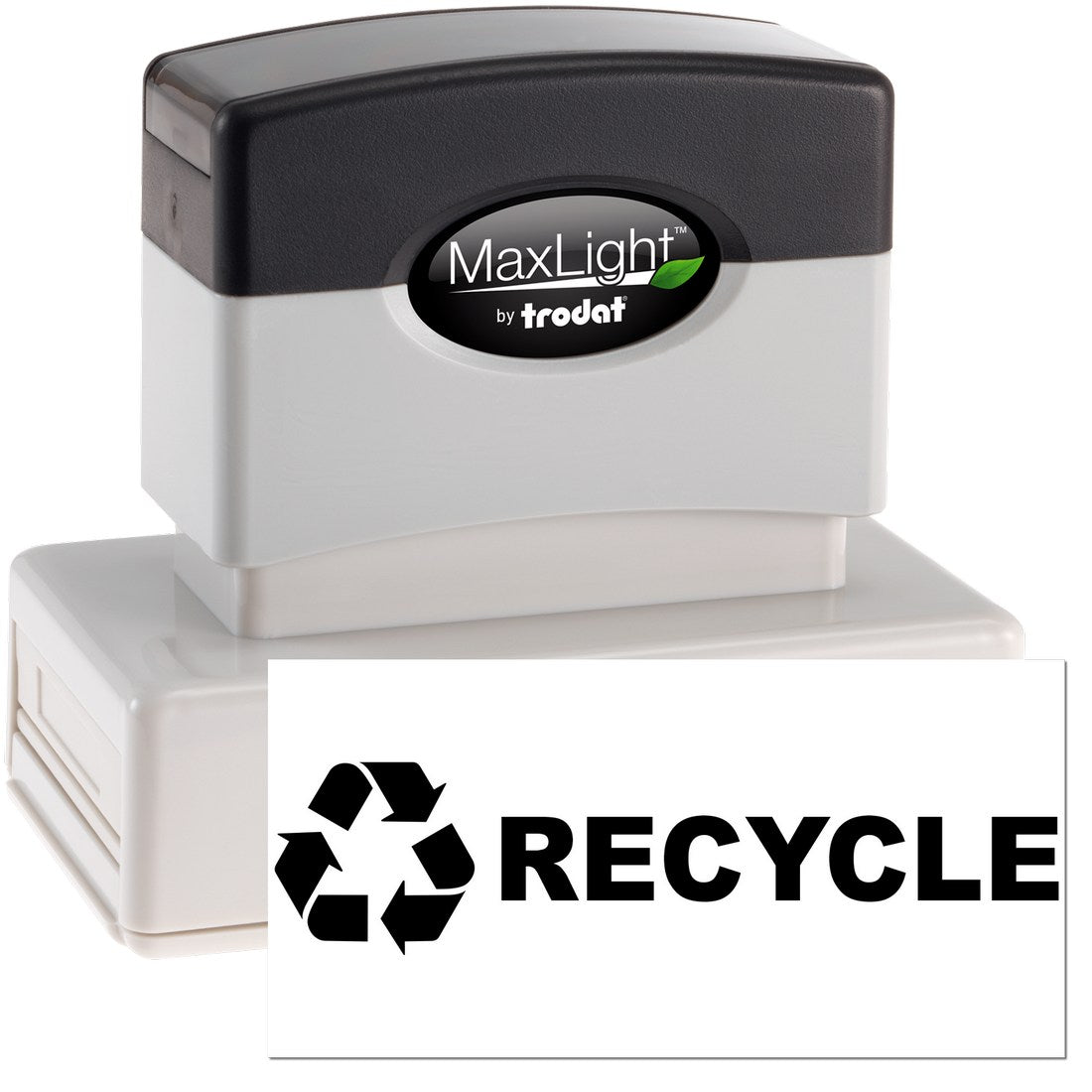 Maxlight Premium Recycle Symbol Stamp featuring a black and white design with a recycle icon and RECYCLE text. Ideal for eco-friendly labeling and office use.