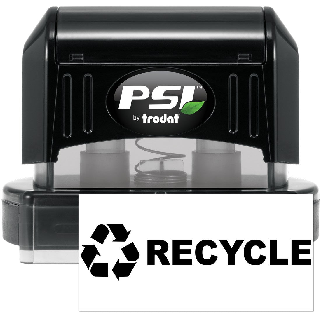 PSI Pre-Inked Recycle Symbol Stamp, black casing, features a clear base for precise stamping. Displays a bold recycle symbol with the word RECYCLE in black. Ideal for eco-friendly labeling.