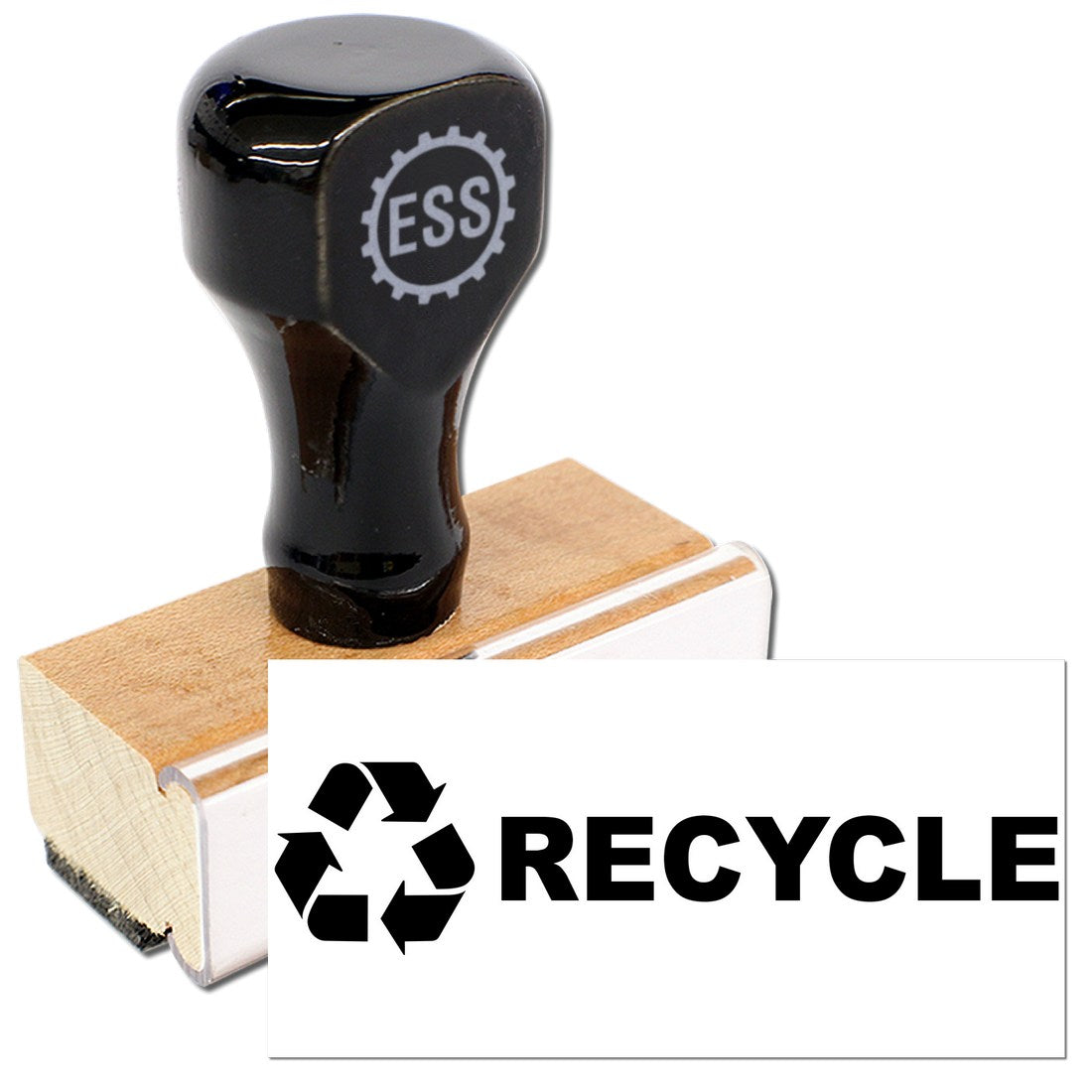 Wood Handle Recycle Symbol Rubber Stamp with black top and wooden base, featuring a recycle icon and RECYCLE text. Ideal for eco-friendly stamping projects.