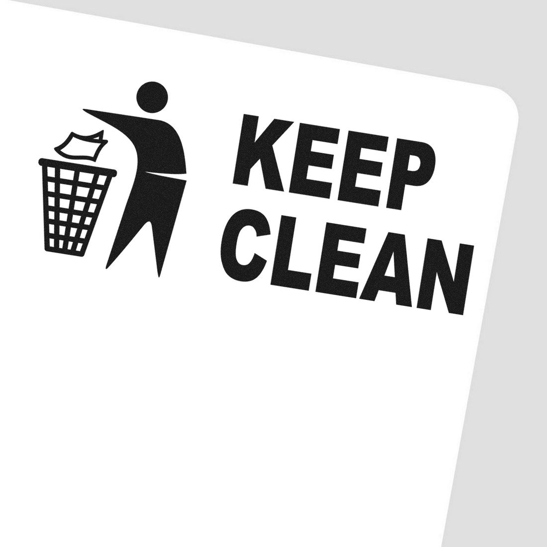 Self-Inking Keep Clean Stamp with a stick figure throwing trash in a bin and bold 'Keep Clean' text, ideal for promoting cleanliness and organization.