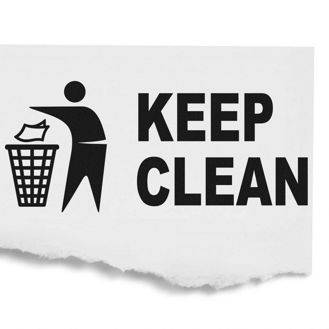 Maxlight Premium Keep Clean Stamp featuring a stick figure throwing trash into a bin with bold 'KEEP CLEAN' text, ideal for promoting cleanliness and organization.