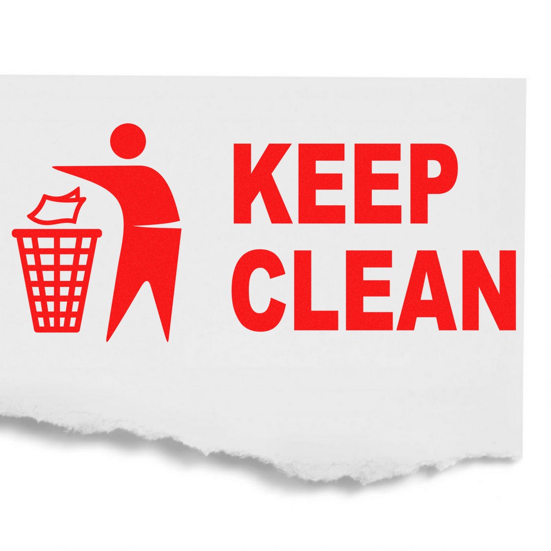 Image of the Slim Pre-Inked Keep Clean Stamp featuring a red icon of a person throwing trash into a bin with bold red text KEEP CLEAN on a white background. Perfect for promoting cleanliness.