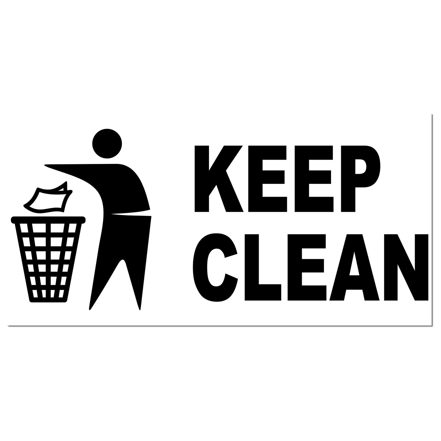 Self-Inking Keep Clean Stamp featuring a stick figure throwing trash into a bin with bold KEEP CLEAN text. Ideal for promoting cleanliness and organization.