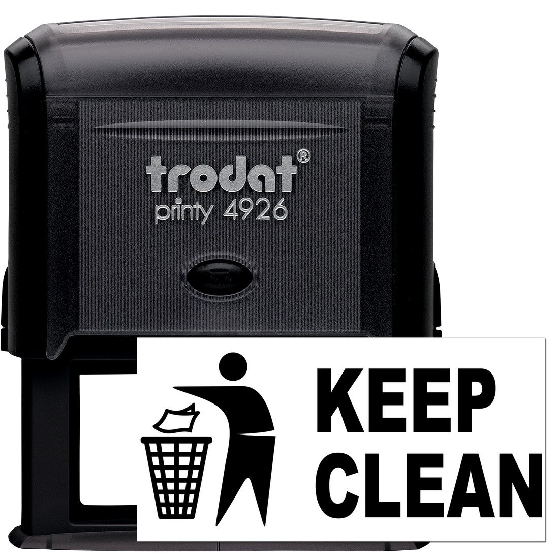 Black Self-Inking Keep Clean Stamp with 'Keep Clean' message and trash bin icon, featuring durable design for efficient stamping. Ideal for promoting cleanliness and organization.