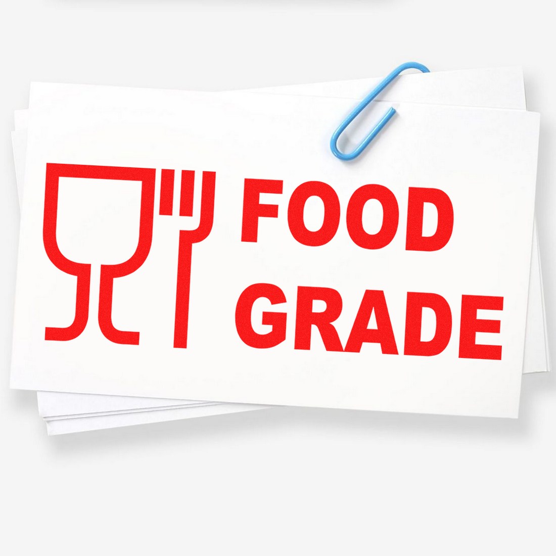 Image of Maxlight Premium Certified Food Grade Stamp with bold red Food Grade text and a food-safe symbol on a white background, secured with a blue paperclip.