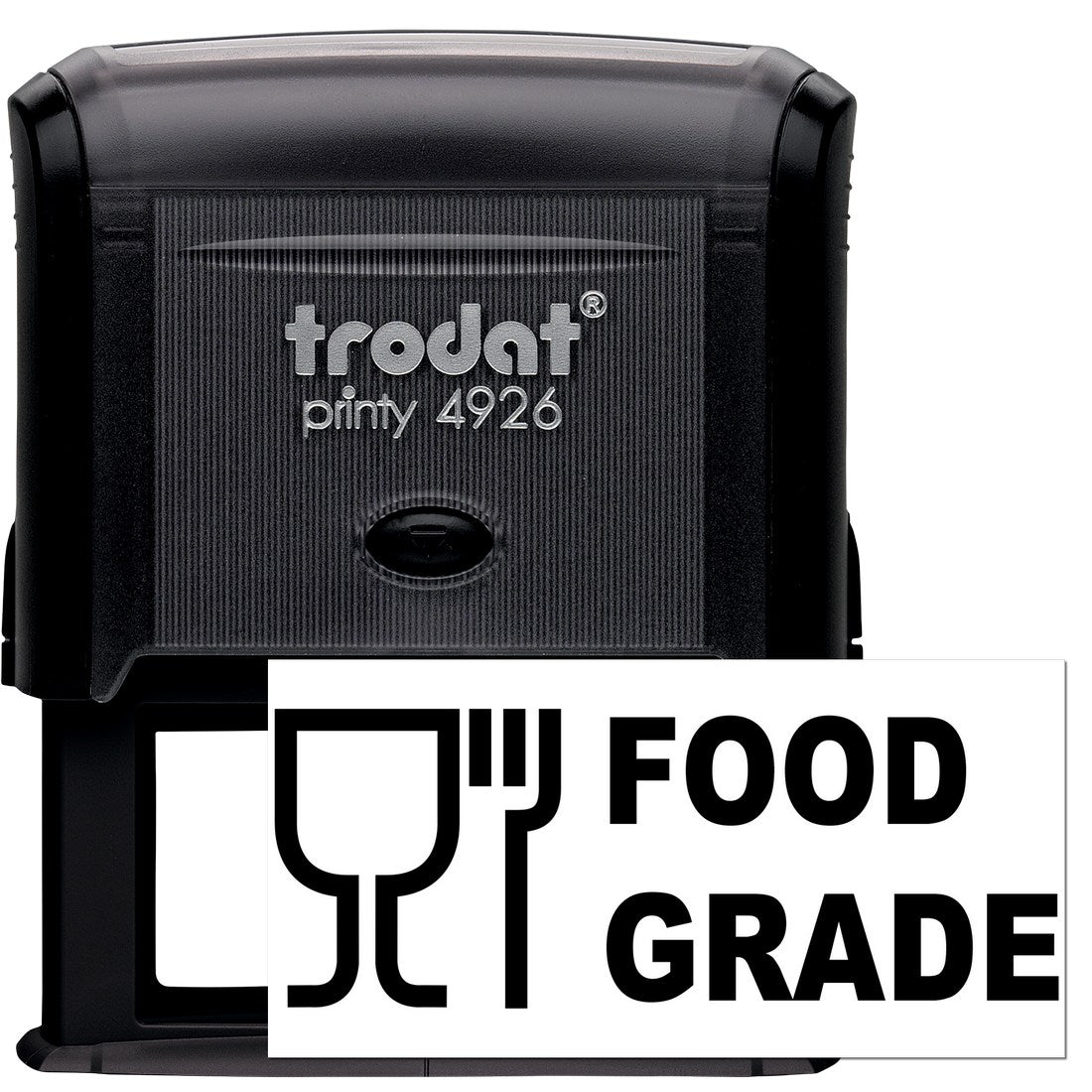 Self-Inking Certified Food Grade Stamp with black casing, featuring Food Grade text and symbols. Ideal for safe food labeling.