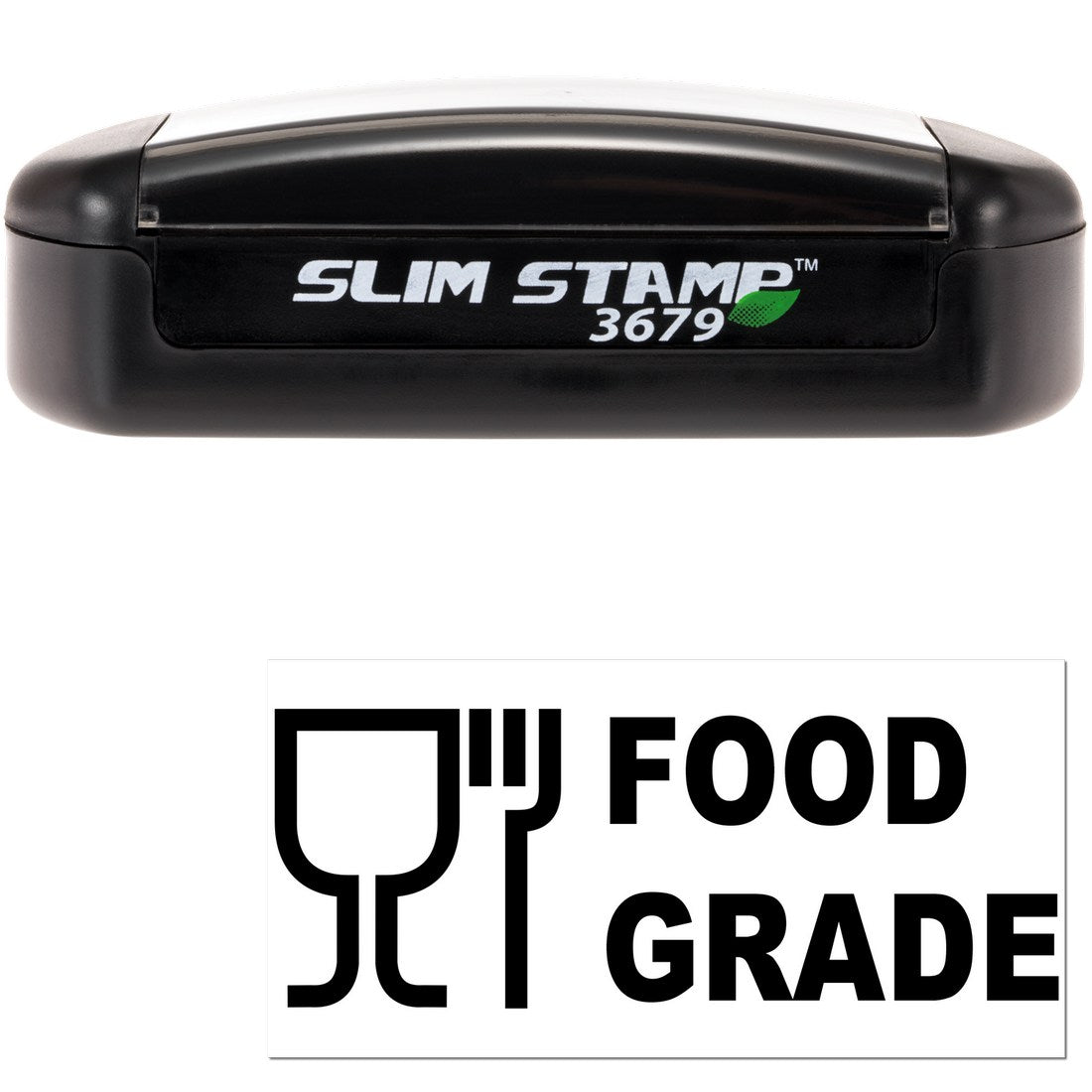 Slim Pre-Inked Certified Food Grade Stamp in black, featuring a compact design with 'Slim Stamp 3679' branding and food grade certification symbols.