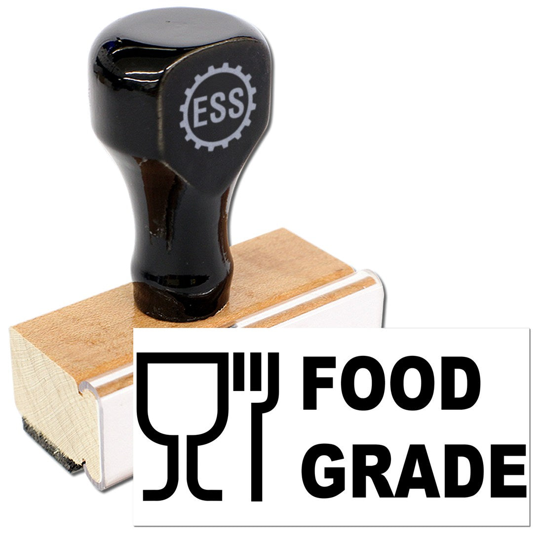 Wood Handle Certified Food Grade Rubber Stamp with black top and wooden base, featuring ESS logo. Ideal for marking food-safe products.