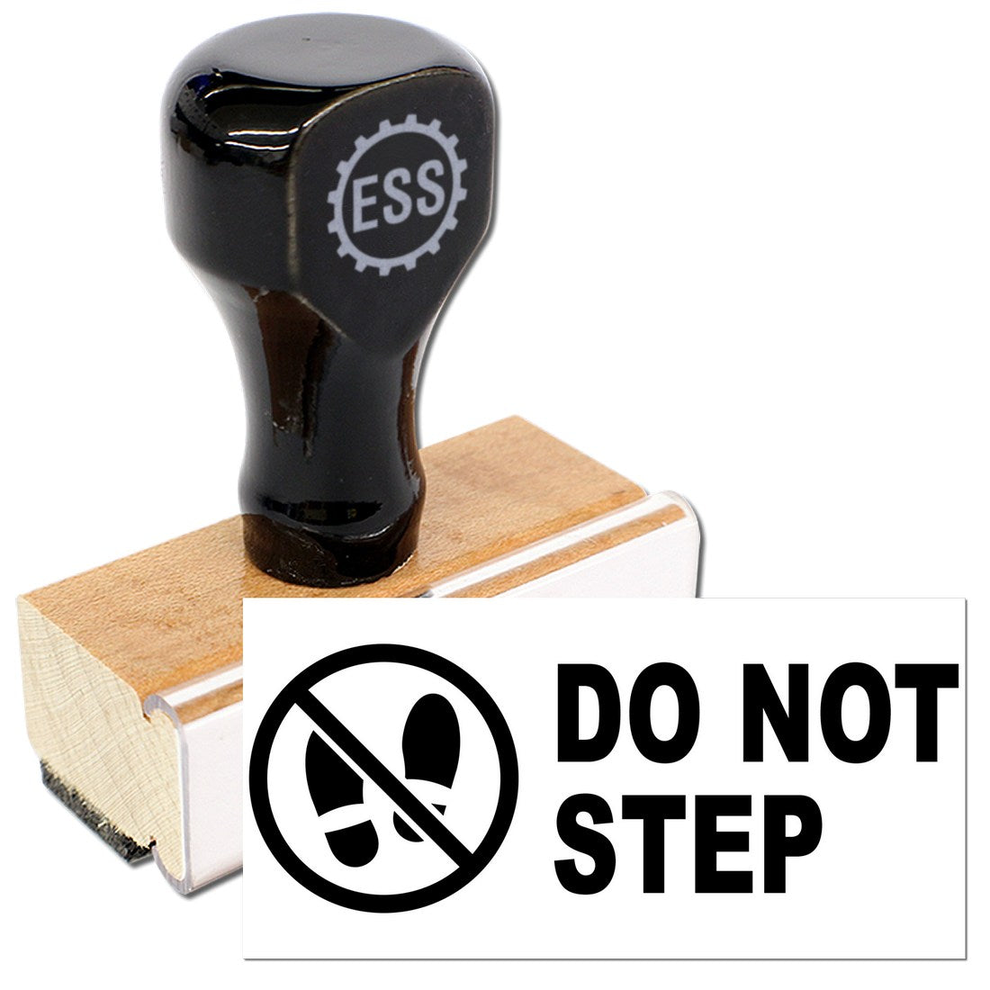 Wood Handle Caution Do Not Step Rubber Stamp with black top and wooden base, featuring a Do Not Step symbol and text. Ideal for safety warnings and workplace use.