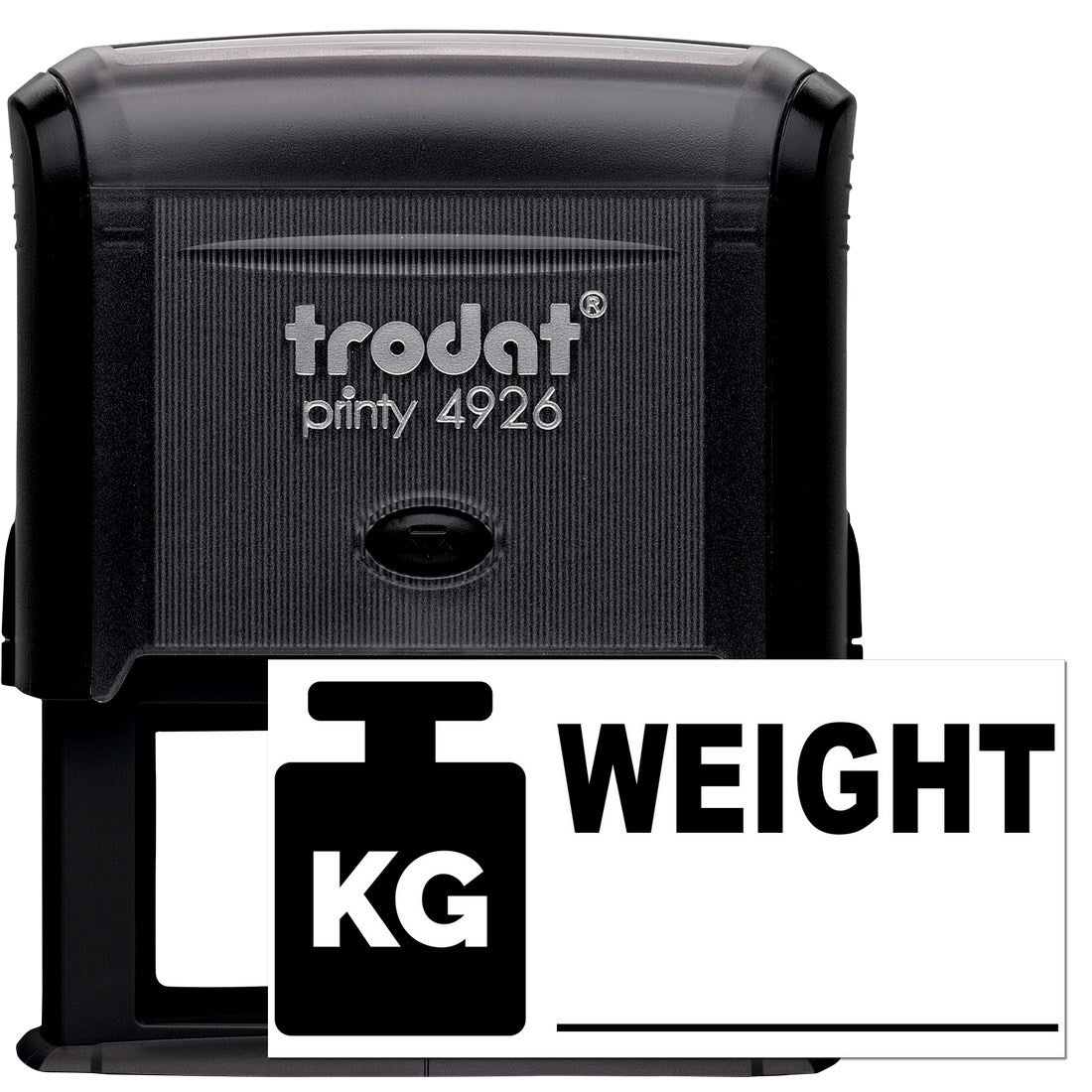 Self-Inking Weight Label Stamp in black, featuring a durable design with KG and WEIGHT text. Ideal for efficient labeling.