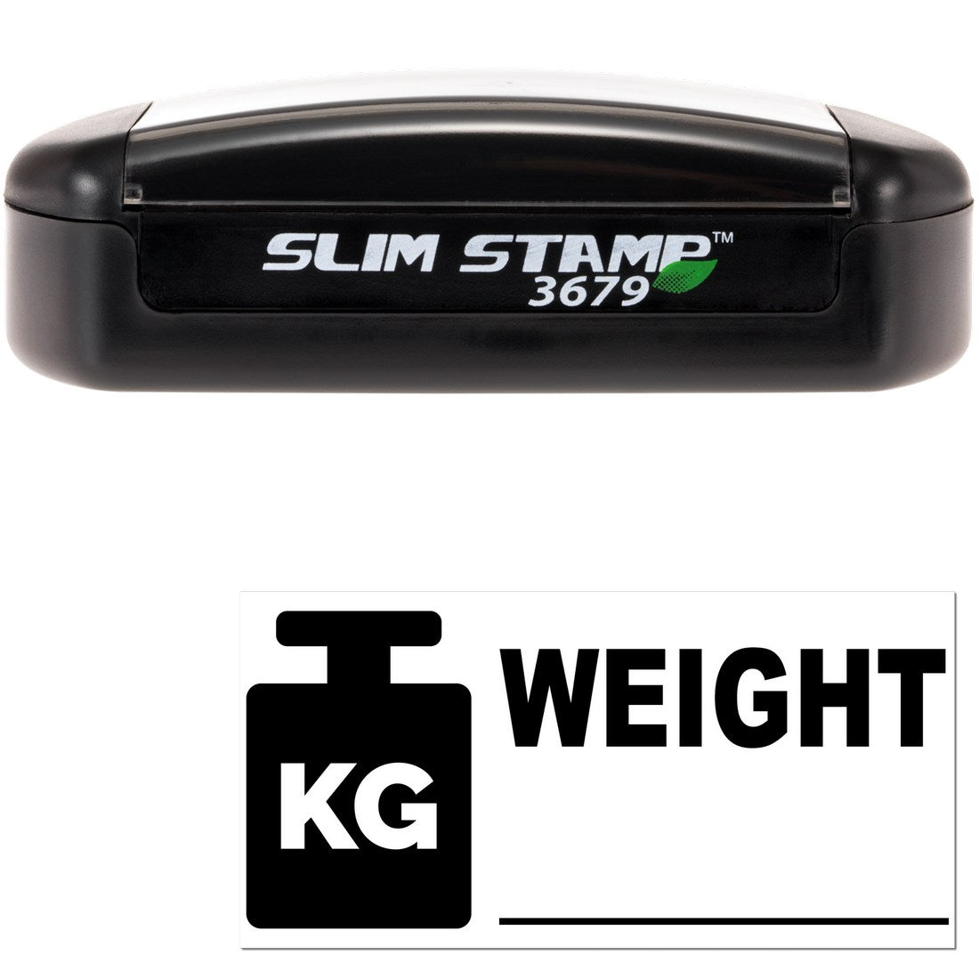 Image of the Slim Pre-Inked Weight Label Stamp, featuring a compact black design with SLIM STAMP 3679 branding, and a weight icon with KG WEIGHT text below.